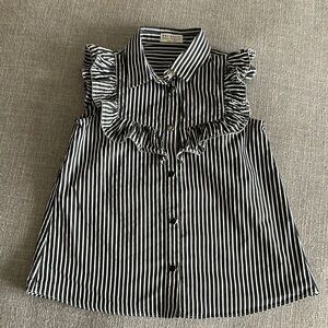 Brunello Cucinelli Black and White Button Down Shirt with Ruffle Details